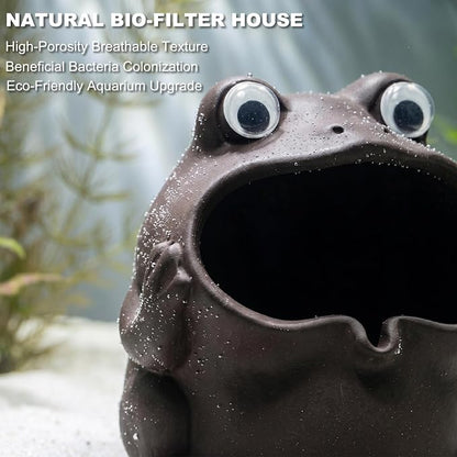 Premium Zisha Frog Aquarium Cave - Artisanal Purple Clay Fish Tank Decorations, Fin-Safe Betta Log Hideout & Reptile Terrarium Ornament
