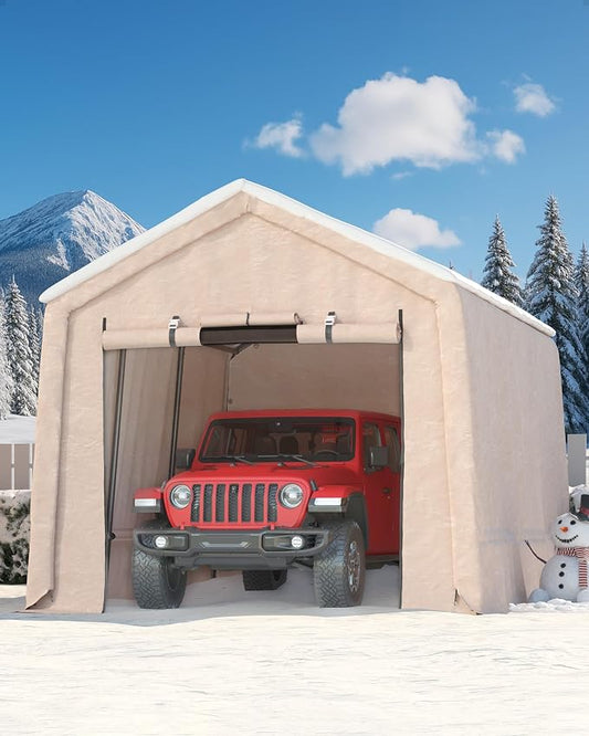 6x6FT Outdoor Portable Storage Shed with Roll-Up Door & Vent, 240G Heavy-Duty Shelter Waterproof PE Tarp, UV-Resistant Storage Sheds for Motorcycle, Firewood, Garden and Tools, Gray (Khaki, 10x15FT)