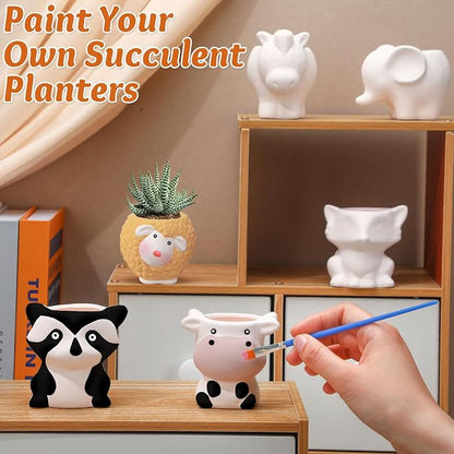 Beeveer 6 Sets Paint Your Own Animal Shaped Succulent Planter Spring Mini Unpainted Flower Pots Cartoon DIY Paintable Kit for Kids Classroom Craft Project Activity Birthday Gift