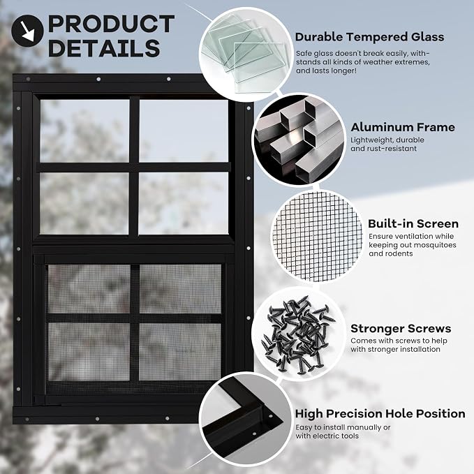Shed Windows 2 Pack, Chicken Coop Windows 24" x 27" Black | Flush Mounted Small Windows with Tempered Glass and Fiberglass Screen for Shed, Barns, Playhouse, Household, Garage
