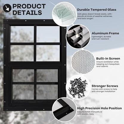 Shed Windows 2 Pack, Chicken Coop Windows 12" x 18" Black | Flush Mounted Small Windows with Tempered Glass and Fiberglass Screen for Shed, Barns, Playhouse, Household, Garage