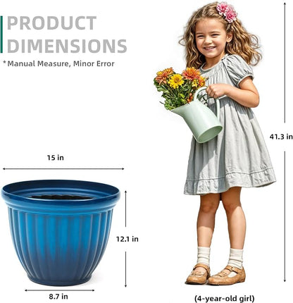 Autodaya 15" Large Flower Pots Set of 2 Plastic Planters for Outdoor Plants | Plant Pot with 3D Textures, Gradient Cobalt Blue Glaze, Weather-Resistant for Porch, Garden, Patio or Indoor Use