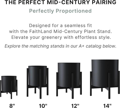 FaithLand 12 Inch Fiberstone Planter - Lightweight Modern Cylinder Plant Pot with Drainage Hole & Plug, Indoor Outdoor Use, Matte Black