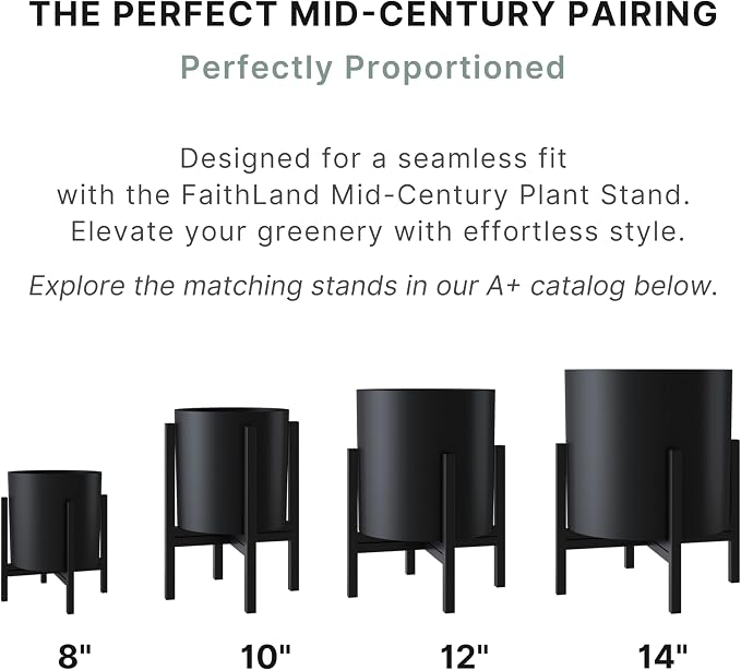 FaithLand 8 Inch Fiberstone Planter - Lightweight Modern Cylinder Plant Pot with Drainage Hole & Plug, Indoor Outdoor Use, Matte Black