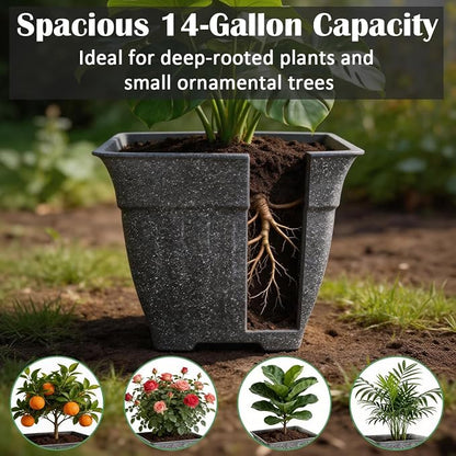 18" Large Square Planter for Plants - 4 Pack Imitation Cement Plastic Flower Pots with Drainage Holes & 2cm Raised Base, 14 Gal Decorative Stone Like Garden Pot, Retro Plant Container (15" Tall)