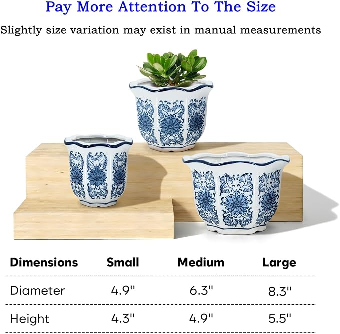 HakkaGirl Ceramic Pots for Plants, Chinoiserie Décor Ceramic Flower Pots Planters for Indoor Plants with Drainage, Blue and White, Set of 3