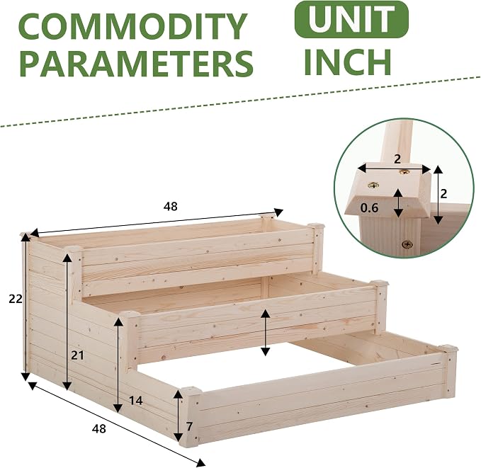 FDW 3 Tier Raised Garden Bed Outdoor Wooden Planter Box 48x48x29 ft Wood Elevated Planter Box with Divided Sections Open-Ended Base for Vegetables Flowers Herbs Plants