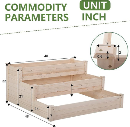 FDW 3 Tier Raised Garden Bed Outdoor Wooden Planter Box 48x48x29 ft Wood Elevated Planter Box with Divided Sections Open-Ended Base for Vegetables Flowers Herbs Plants