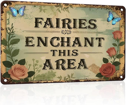PEACHGARDEN Fairy Whimsical Metal Tin Sign Enchanted Fairy Vintage Wall Art Decor for Garden Patio Yard Plant Room Greenhouse She Shed 8x12 inch