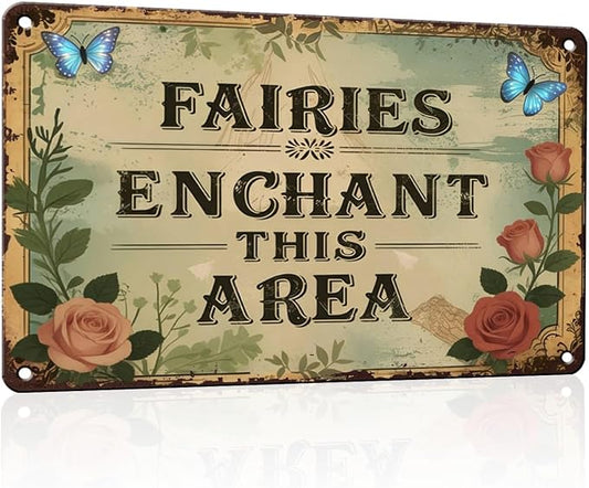 PEACHGARDEN Fairy Whimsical Metal Tin Sign Enchanted Fairy Vintage Wall Art Decor for Garden Patio Yard Plant Room Greenhouse She Shed 8x12 inch