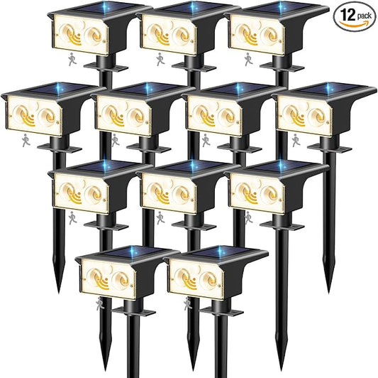 btfarm Solar Spot Lights Outdoor Waterproof, 12 Pack/3 Modes Motion Sensor Lights, Solar Powered Spotlights 2-in-1 Auto On/Off for Outside Pathway Yard Garden Landscape Lighting, Warm White
