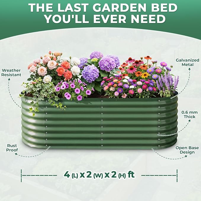 Galvanized Raised Garden Bed, 4x2x2ft Oval Metal Planter Box,Planter Raised beds,119 Gallons Rust-Resistant Deep Root Planter for Outdoor Vegetables, Flowers - Forest Green
