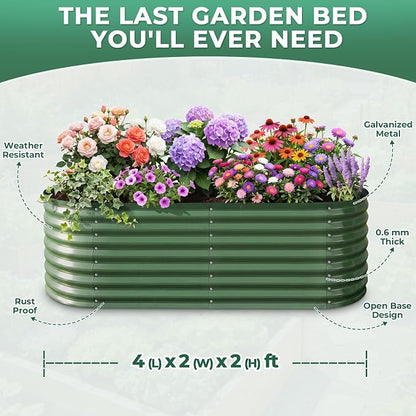 Galvanized Raised Garden Bed, 4x2x2ft Oval Metal Planter Box,Planter Raised beds,119 Gallons Rust-Resistant Deep Root Planter for Outdoor Vegetables, Flowers - Forest Green