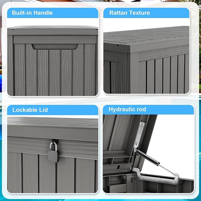 Outdoor Storage Box, 200 Gallon Waterproof Deck Box, Premium Hydraulic Cushion Storage Chest, High-Load Lockable Two-Seater Patio Storage Bench, Large Country Estate, Grey
