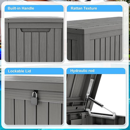 Outdoor Storage Box, 200 Gallon Waterproof Deck Box, Premium Hydraulic Cushion Storage Chest, High-Load Lockable Two-Seater Patio Storage Bench, Large Country Estate, Grey