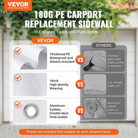 VEVOR Carport Replacement Canopy Cover Side Wall 10 x 20 ft, Garage Tent Shelter Tarp Heavy-Duty Waterproof & UV Protected, Easy Installation with Ball Bungees,White (Top and Frame Not Included)