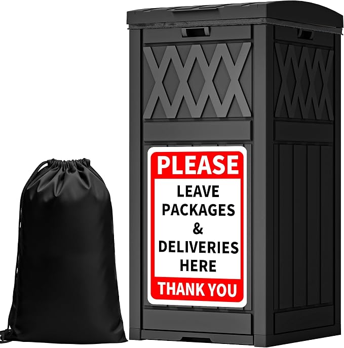 YITAHOME Package Delivery Box with Lift-Out Bag | 31 Gallon Waterproof Parcel Drop Box with Sign, Resin Porch Package Container for Curbside& Outdoor Use, Black