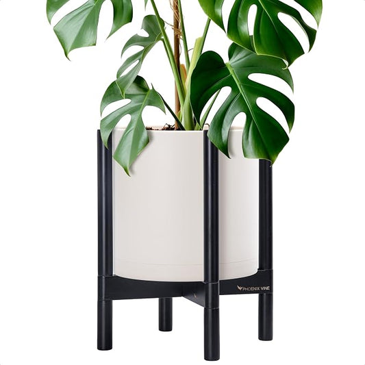 D'vine Dev Plastic Pot with Ebony Wood Stand, Oatmeal, 12 in, 55-C-Q-4 | Mid-Century Inspired Design, Elevated Plant Display, Clean Lines, Sturdy Support, Modern Space-Saving Style