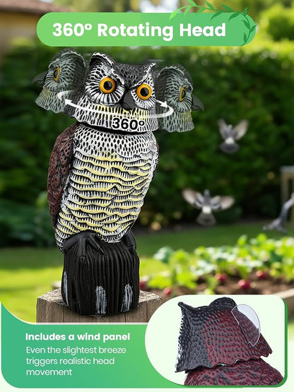 Owl Decoys to Scare Birds Squirrels Away, 360 Rotating Head Activated, Fake Owl Statues Repellent Pest Hawk Squirrel Cats Chickens Pigeon Bird Deterrents for Outside Garden Patios Backyard