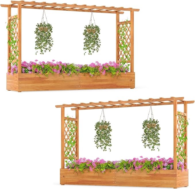 S AFSTAR 2 Pieces Wooden Raised Garden Bed with Trellis, 45" Elevated Planter Box with Hanging Roof & Open-Ended Base for Climbing Vine Flower Herb Vegetable, Outdoor Plant Container for Patio & Yard