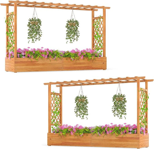 S AFSTAR 2 Pieces Wooden Raised Garden Bed with Trellis, 45" Elevated Planter Box with Hanging Roof & Open-Ended Base for Climbing Vine Flower Herb Vegetable, Outdoor Plant Container for Patio & Yard
