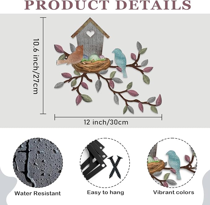 Rustic Metal Wall Decor, Leaves Wall Art Birdhouse, Wall Hanging for Living Room, Kitchen, Garden, Patio, 10.6 x 12 Inch, Light Grey