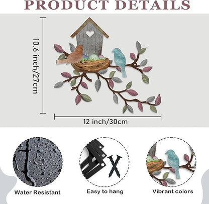 Rustic Metal Wall Decor, Leaves Wall Art Birdhouse, Wall Hanging for Living Room, Kitchen, Garden, Patio, 10.6 x 12 Inch, Light Grey