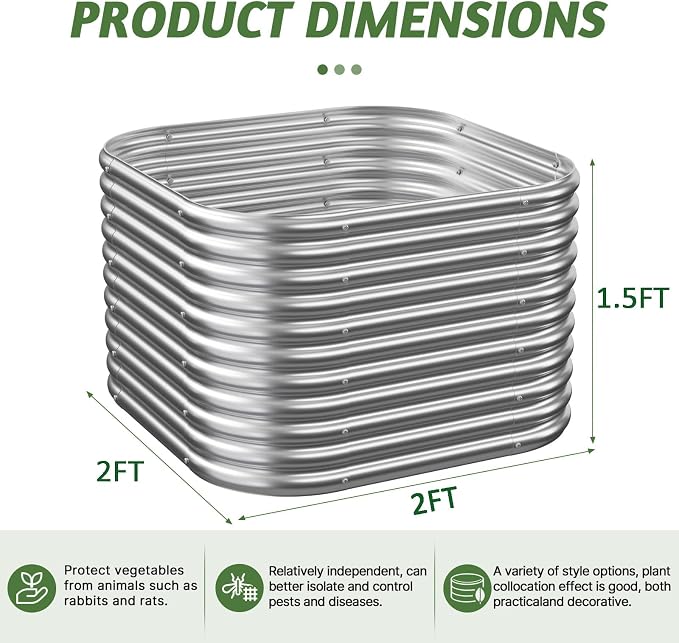 4 Pack Tall 2x2x1.5FT Corrugated Galvanized Steel Raised Garden Bed Outdoor, Metal Above Ground Garden Bed for Vegetables and Flowers, Raised Beds for Gardening