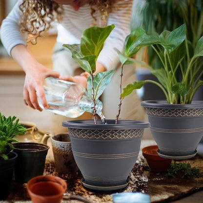 Usocik 10 Inch Plaid Plant Pots 4 Pack with Drainage and Saucers Gold | Gold plaid PP pots with drainage holes and saucers for herbs flowers succulents indoor patio porch