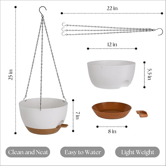 TYMENSH Hanging Plant Pots 12 Inch Set of 2, Self Watering Hanging Planters with Drainage Holes, Removable Saucer, Durable Plastic Flower Pots with Chains for Indoor Outdoor Plants, White