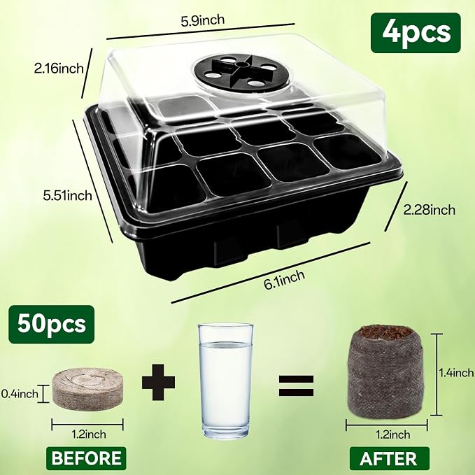 Halatool 4 Pack Seed Starter Tray with 50 PCS Peat Pellets, 48 Cells Black Seeding Starter Trays for Organic Seed Starter Soil Pods for Planting Vegetables Plants Flowers - Starting Seeds Kit