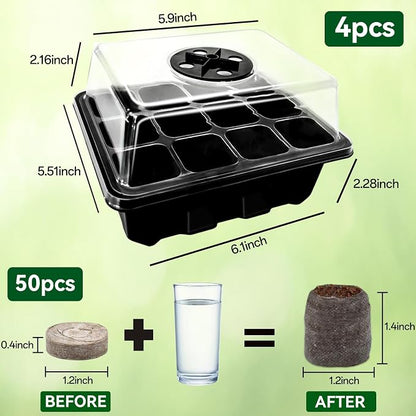 Halatool 4 Pack Seed Starter Tray with 50 PCS Peat Pellets, 48 Cells Black Seeding Starter Trays for Organic Seed Starter Soil Pods for Planting Vegetables Plants Flowers - Starting Seeds Kit