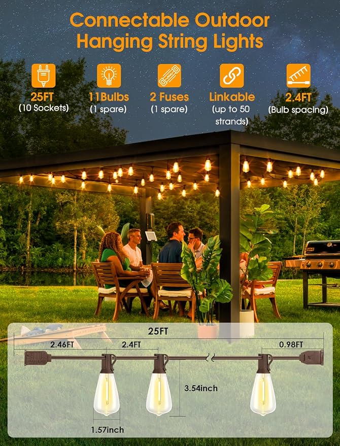 Larkvue 25FT Outdoor String Lights, Patio Lights with 10+1 LED Dimmable Waterproof Shatterproof Linkable ST38 Bulbs for Fence Porch Gazebo, Brown