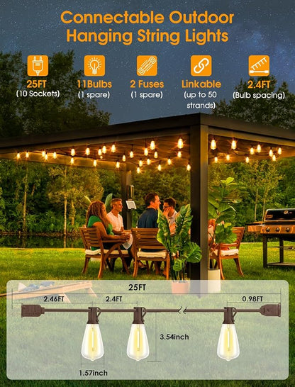 Larkvue 25FT Outdoor String Lights, Patio Lights with 10+1 LED Dimmable Waterproof Shatterproof Linkable ST38 Bulbs for Fence Porch Gazebo, Brown