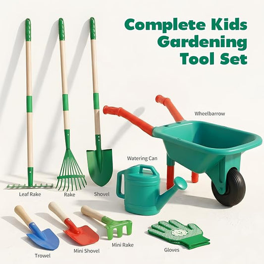 CUTE STONE Kids Gardening Tools Set - 9PCS Toddler Garden Toy with Kids Wheelbarrow, Kids Shovel and Rake Set for Backyard Garden Play, Indoor & Outdoor Gift for Boys Girls Ages 3-5