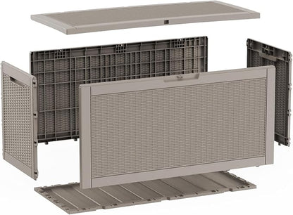 100 Gallon Deck Box, Waterproof Resin Rattan Outdoor Storage Box Lockable for Patio, Fade Resistant Outdoor Side Table & Organizer for Garden Tools, Pool Floats, Outdoor Cushions, Light Coffee