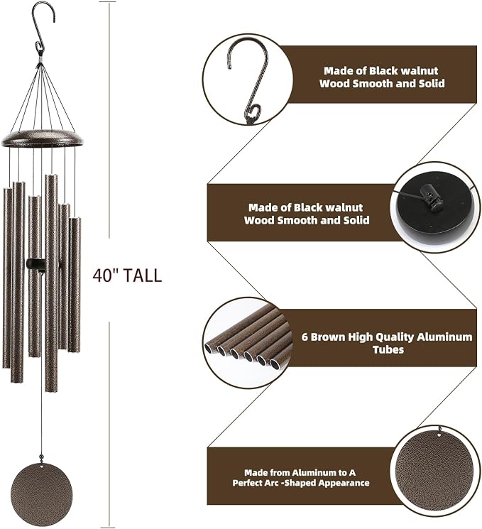 Wind-Chimes-Outdoor-Large-Decor, Deep Tone Soothing Melodic Tones Windchimes, Wind Chimes for Outside, Memorial Wind Chime Best Gift for Mom Women Grandma Neighbors（40" Brown）