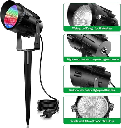 Spotlight Outdoor RGB Led Lights, 12W Color Changing Outdoor Floodlight Fixture with Stake for Garden Yard Path, 120V Waterproof Landscape Lighting Plug in with Remote (4 Pack)