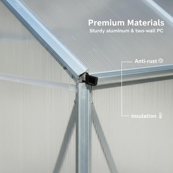 6x6 FT Greenhouse, Walk-in Polycarbonate Greenhouse, Heavy Duty Aluminum Outdoor Green House Kit with Sliding Door, Roof Vent, Rain Gutter for Backyard Garden All Season Growing, Sliver