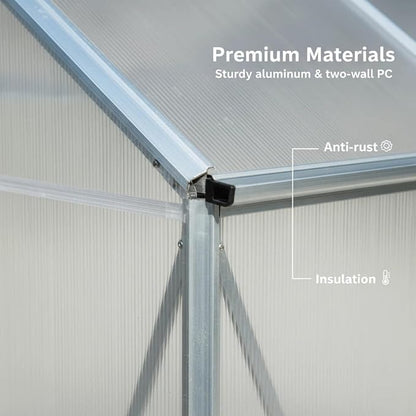 6x6 FT Greenhouse, Walk-in Polycarbonate Greenhouse, Heavy Duty Aluminum Outdoor Green House Kit with Sliding Door, Roof Vent, Rain Gutter for Backyard Garden All Season Growing, Sliver