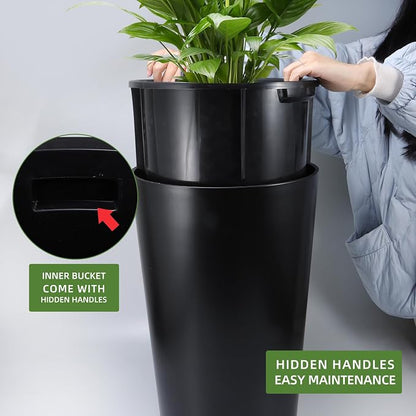 Dexceder 22x13 Self Watering Tall Planter (Black Matte) | High Cylinder, Thickened Large Floor Standing Flower Plant Pot with Water Level Indicator Indoor Outdoor