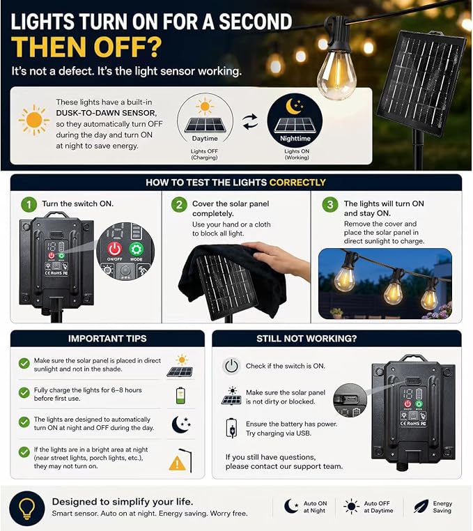 100FT Solar String Lights Outdoor, IP65 Waterproof Shatterproof LED Bulbs, Solar & USB Dual Powered, 20+ Hrs Long Lasting, Hanging Lights for Patio, Backyard, Garden, Wedding, Party Decor
