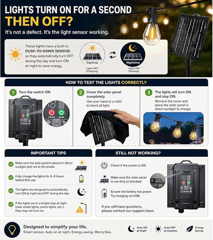 100FT Solar String Lights Outdoor, IP65 Waterproof Shatterproof LED Bulbs, Solar & USB Dual Powered, 20+ Hrs Long Lasting, Hanging Lights for Patio, Backyard, Garden, Wedding, Party Decor