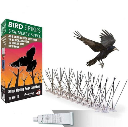 Aspectek Stainless Steel Pre-Assembled Bird Spikes 10 Feet (3 Meters), Bird Deterrent Kit with Transparent Silicone Glue