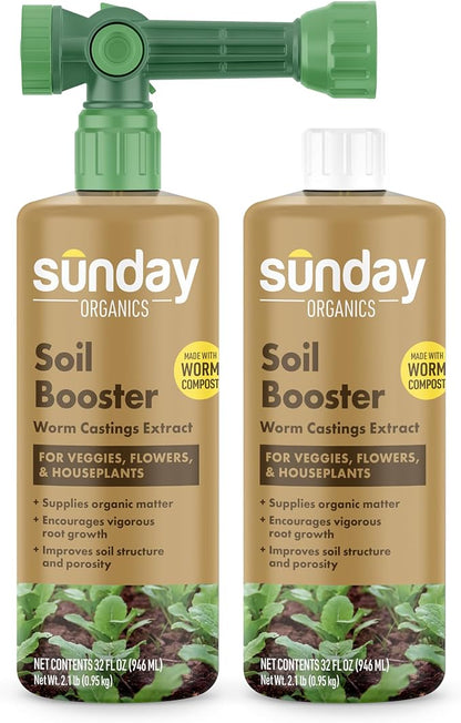 Sunday Soil Booster - Worm Casting Tea - Enhance Soil Health & Promote Vigorous Plant Growth - Made with Vermicompost Extract & Humic Acid - 32 Fl Oz, 2 Pack