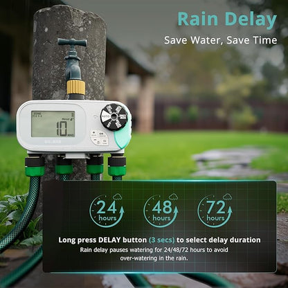 QUOBAS Sprinkler Timer for Garden Hose with Child Lock, Programmable Brass Digital Water Timer 4 Zone for Drip Irrigation, Pool, with Rain Delay/Auto/Manual, Waterproof Screen & Battery Powered