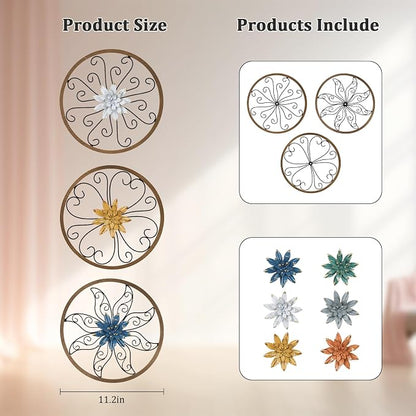 hogardeck Metal Flower Wall Decor - 3 pcs 11" Metal Wood Floral Wall Decoration with 6 Piece Interchangeable Flowers, Hanging Rustic Wall Art for Bedroom, Living Room, Bathroom, Kitchen