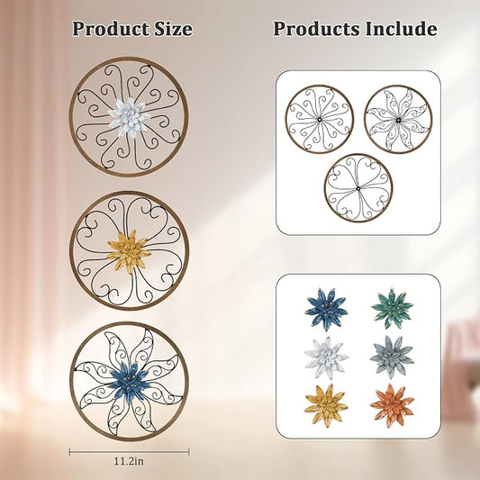 hogardeck Metal Flower Wall Decor - 3 pcs 11" Metal Wood Floral Wall Decoration with 6 Piece Interchangeable Flowers, Hanging Rustic Wall Art for Bedroom, Living Room, Bathroom, Kitchen