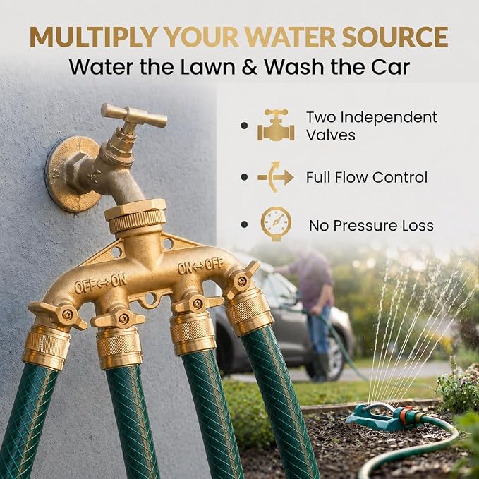Morvat Brass 4-Way Splitter LEAD-FREE, Heavy-Duty Garden Hose Manifold Connector with Improved Comfort Grip ON/OFF Valves, Adapter for Water Faucet & Spigot, Includes 8 Washers, Teflon Tape (1-Pack)