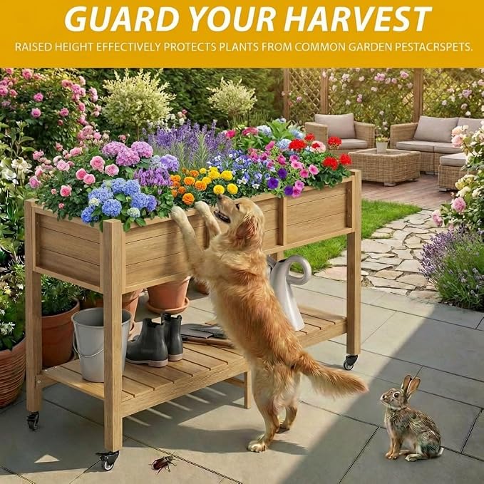 DWVO 47x18x31in Raised Garden Bed Outdoor HDPE with Legs and Lockable Wheels, Weather-Resistant Poly-Wood Elevated Planter Box, Herb Garden Bed for Backyard Patio Balcony, Brown